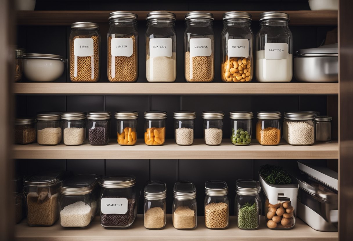 A neatly organized small pantry with labeled containers and shelves for efficient storage