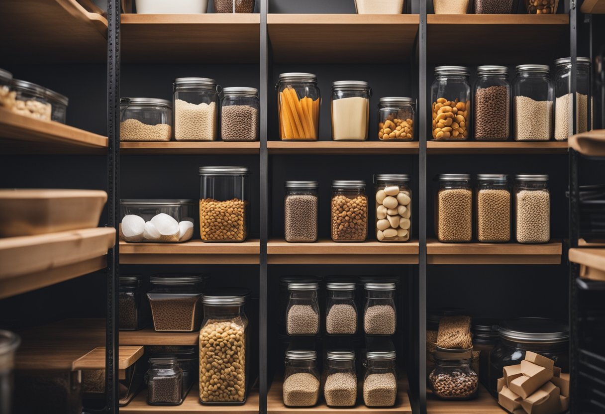 A small, well-organized pantry with labeled containers and shelves for optimized storage of various food items