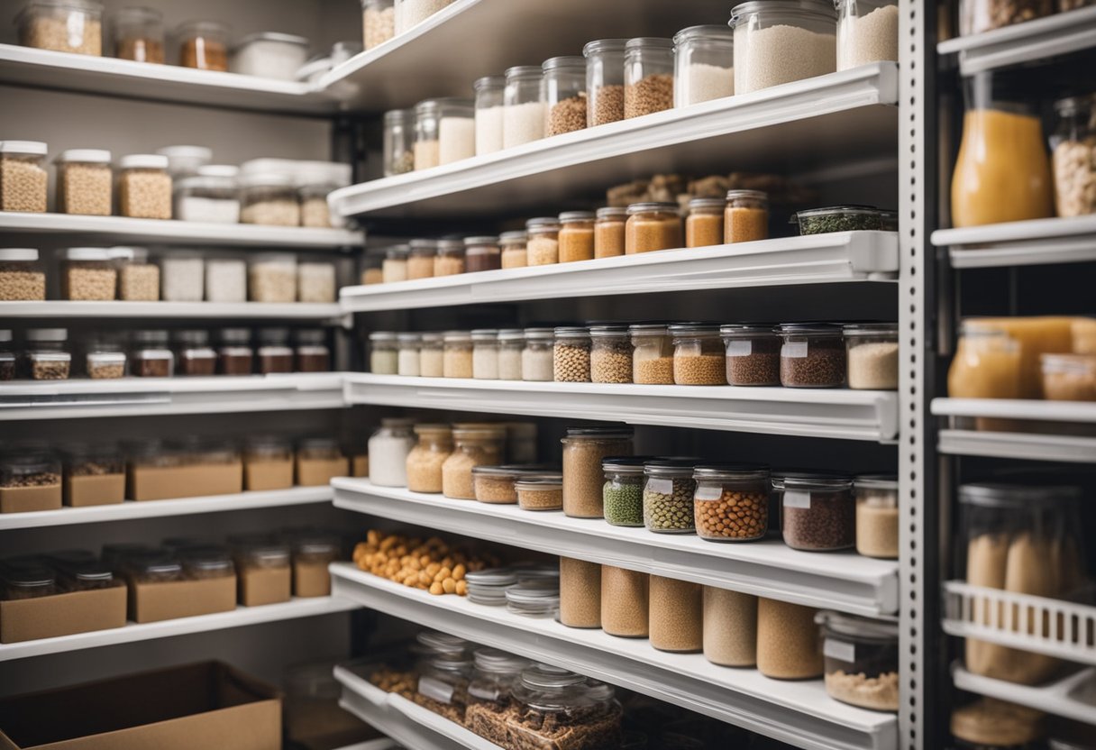 An open pantry with neatly labeled shelves and clear storage containers for easy visibility and access to items