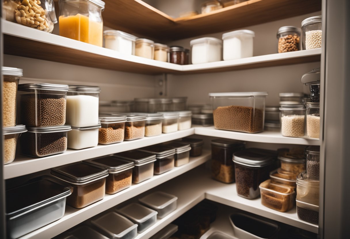 A neatly organized small pantry with labeled shelves and storage containers for easy access