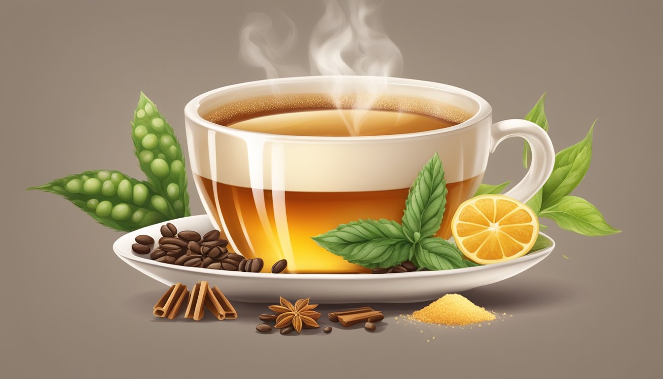 A steaming cup of coffee and tea surrounded by various natural sweeteners like honey, agave, and stevia