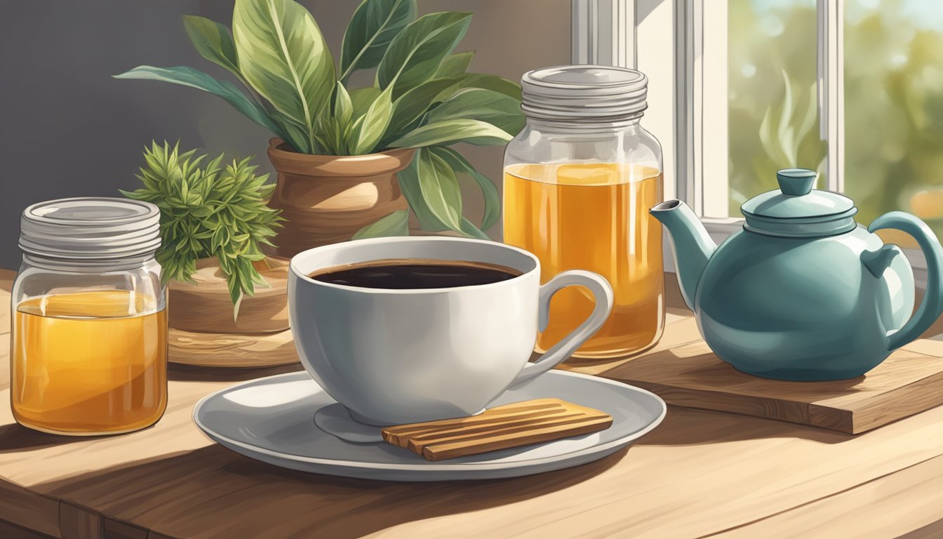 A serene, sunlit kitchen with a wooden table set for two, featuring a steaming cup of coffee and a delicate teapot, surrounded by jars of honey, agave syrup, and stevia leaves