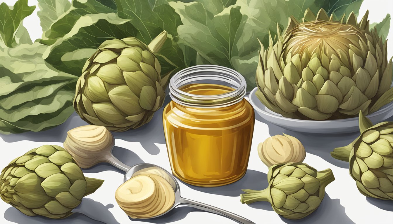 A jar of jerusalem artichoke syrup surrounded by fresh artichokes and a measuring spoon