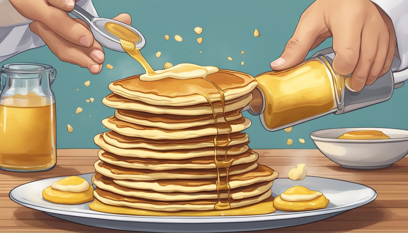 A chef pouring jerusalem artichoke syrup onto a stack of fluffy pancakes