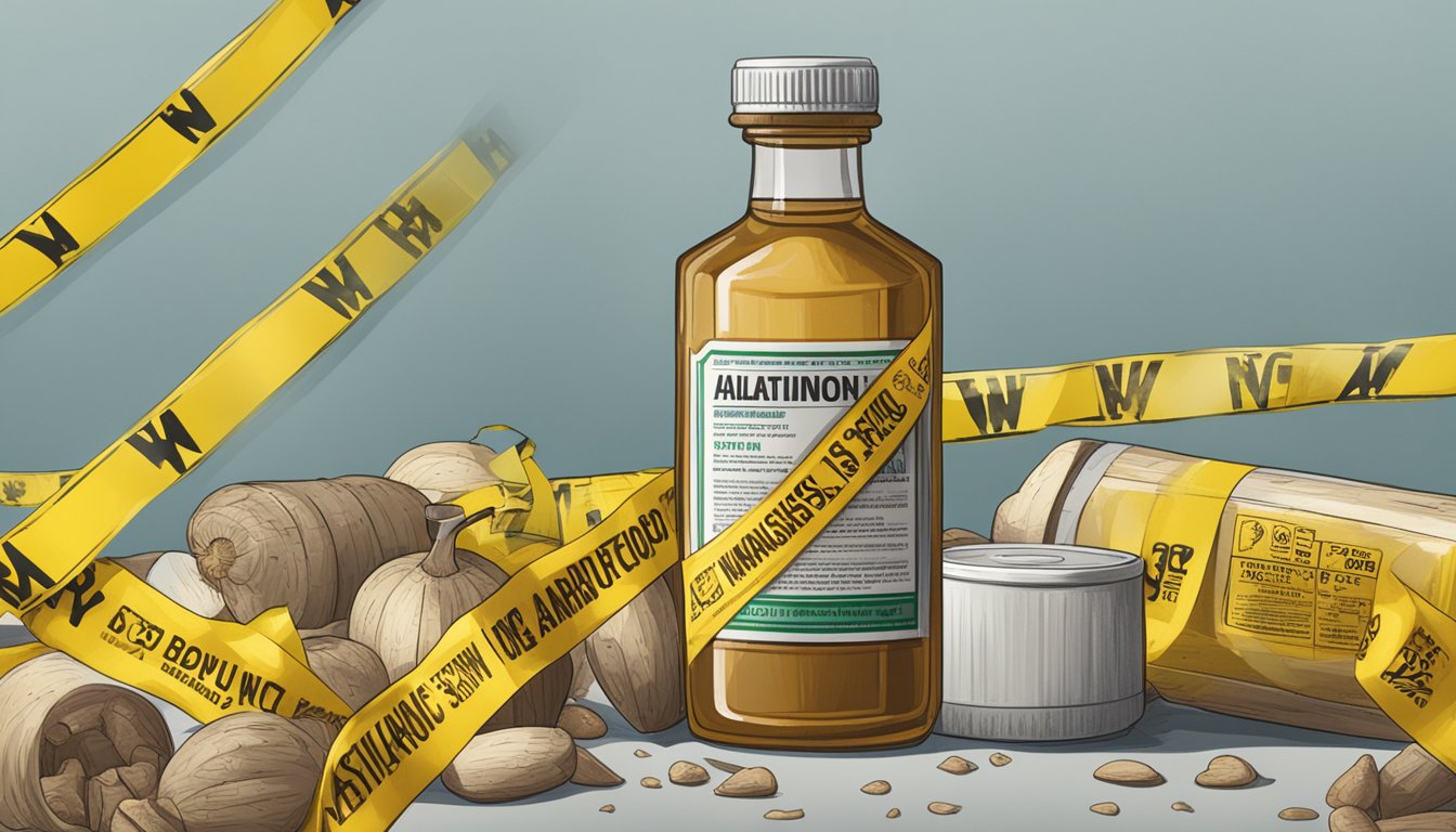 A bottle of jerusalem artichoke syrup surrounded by warning signs and caution tape