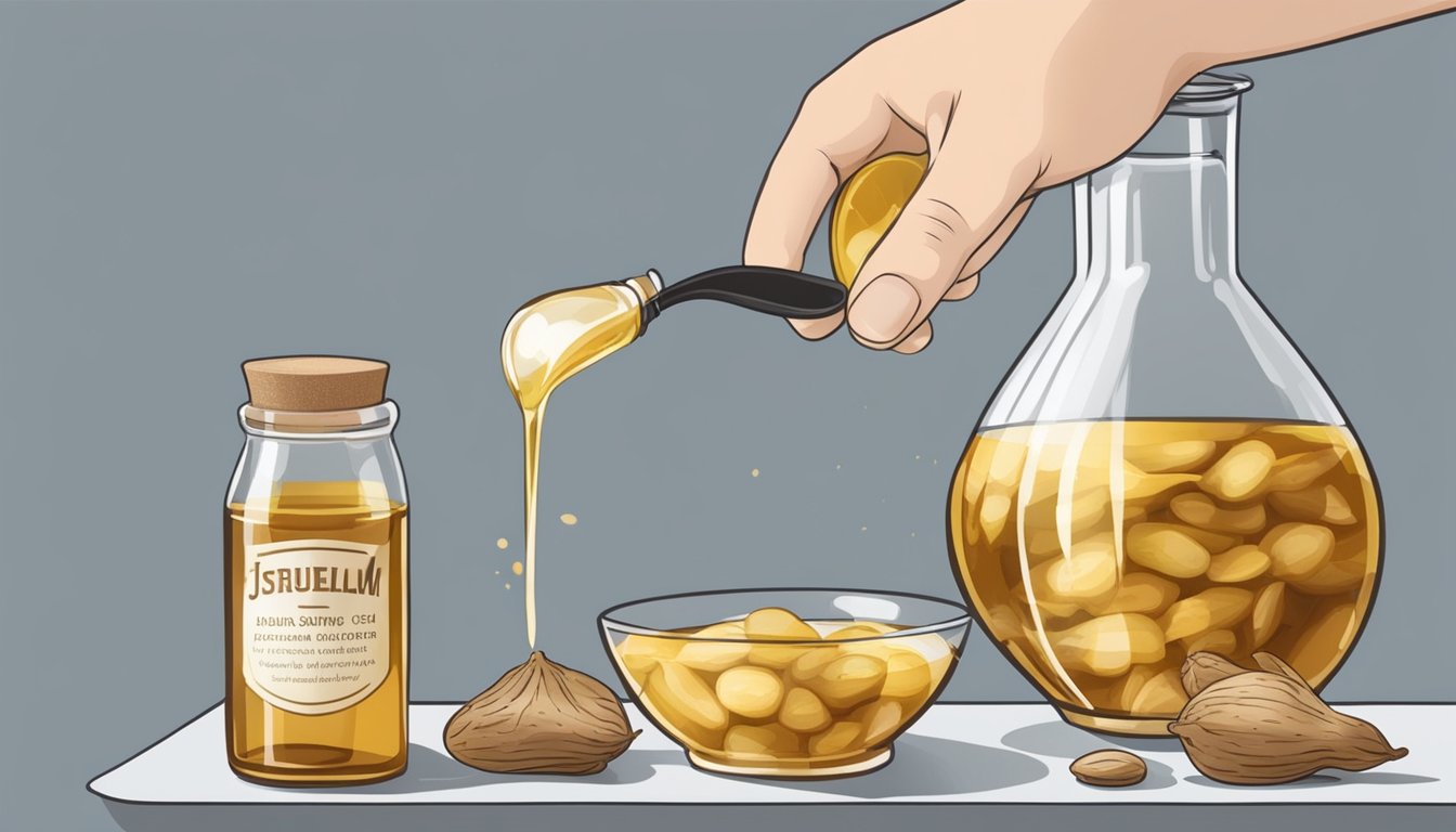 A diabetic measuring out jerusalem artichoke syrup into a small glass bottle