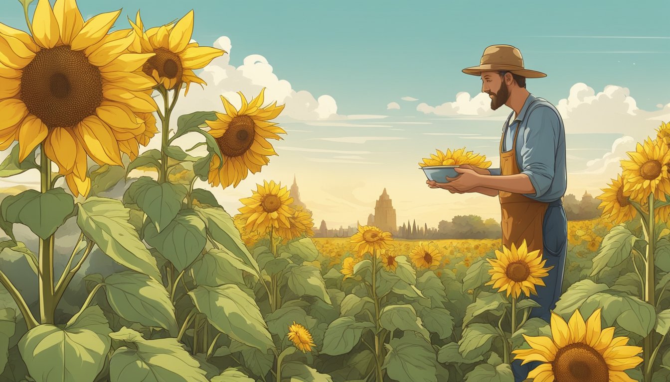 A person standing in a field of tall, sunflower-like plants, harvesting jerusalem artichokes and processing them into syrup