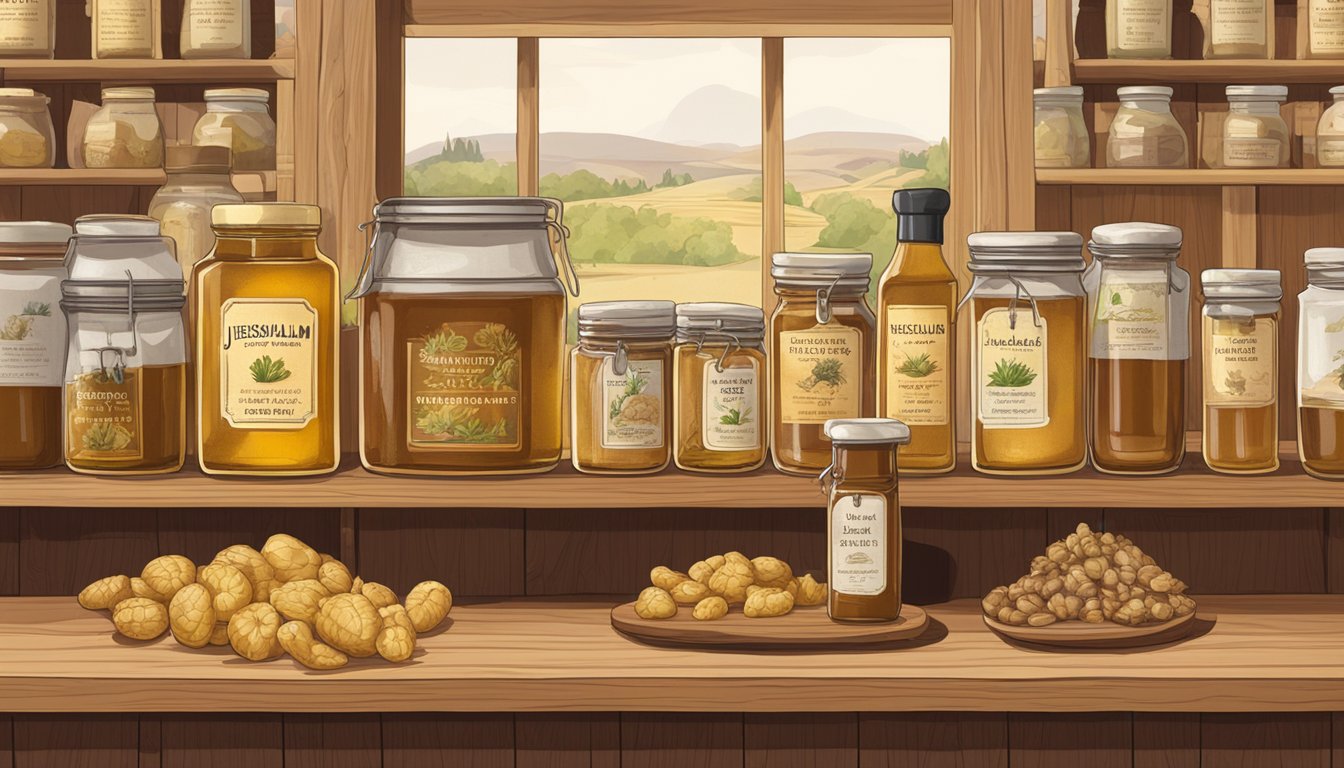 A glass bottle of jerusalem artichoke syrup sits on a wooden shelf, surrounded by other preserved goods. The label is clean and the liquid is a golden color