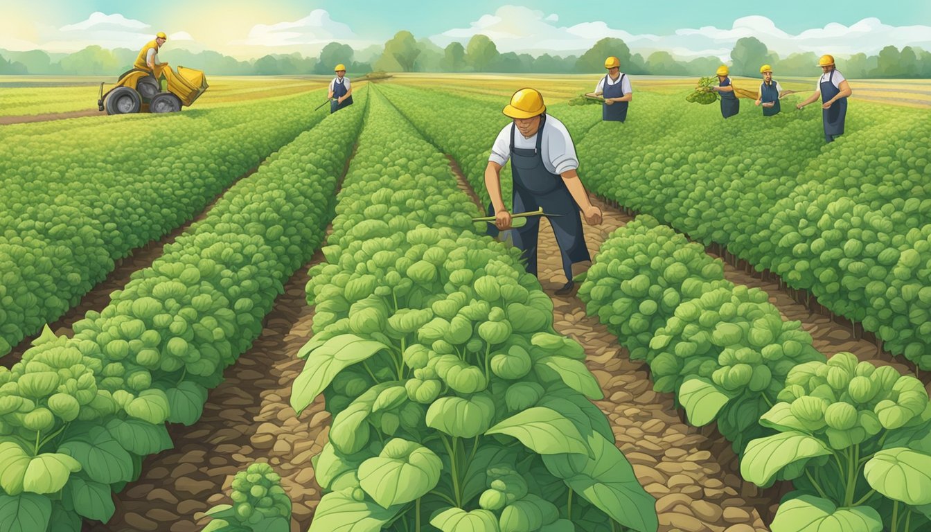 A field of tall, vibrant green Jerusalem artichoke plants, with workers harvesting the tubers and processing them into syrup in a sustainable manner