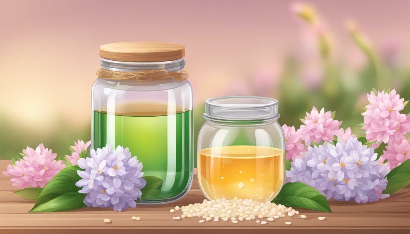 A glass jar filled with liquid natural sweetener beside a pile of granulated natural sweetener, set against a backdrop of natural elements like flowers or fruit