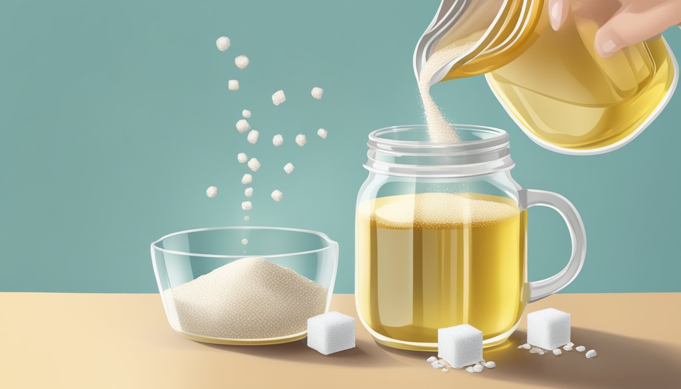 A clear glass jar pouring liquid natural sweetener into a measuring cup, with granulated natural sweetener in the background