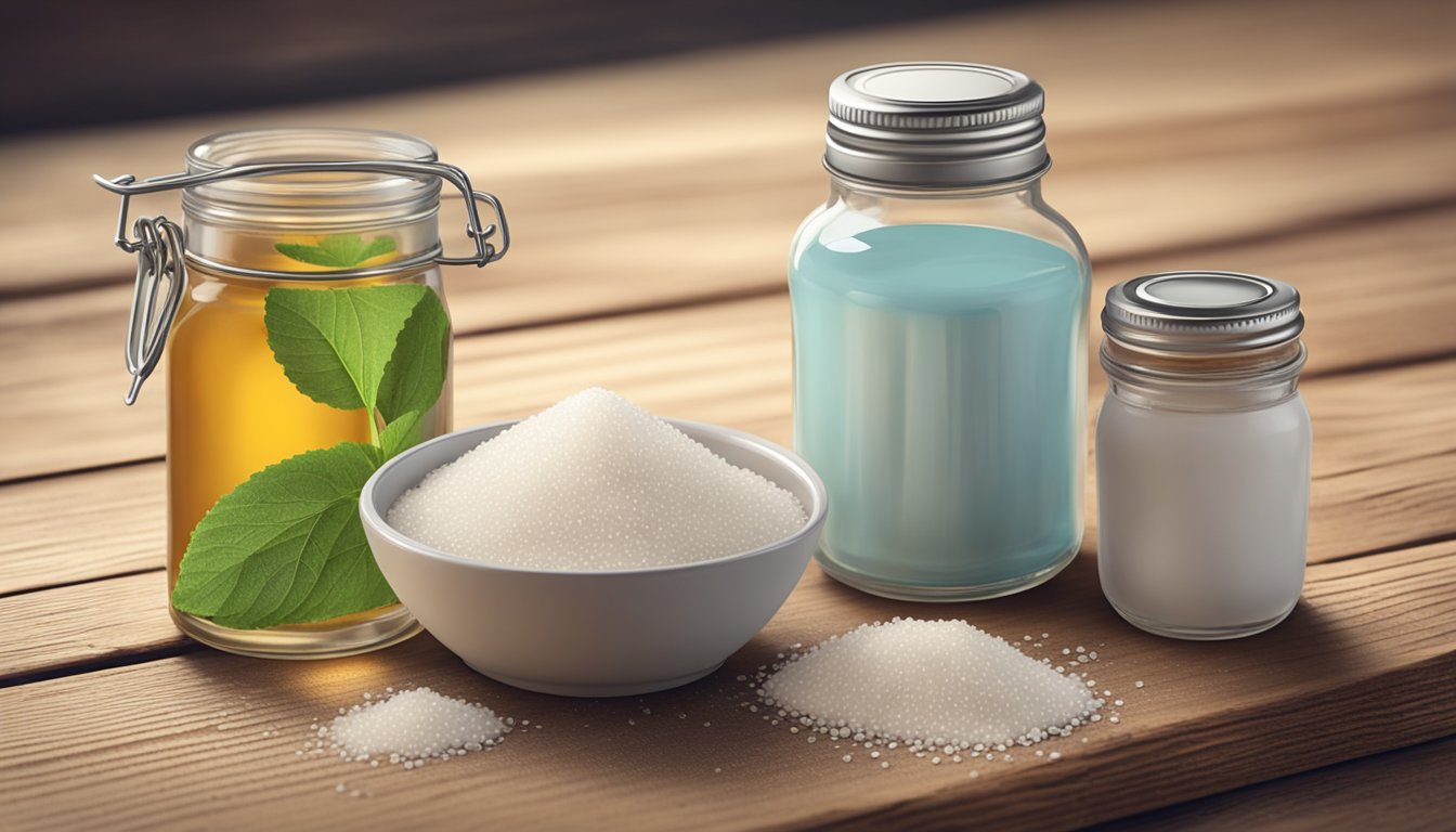 A glass jar of granulated natural sweetener sits next to a small bottle of liquid natural sweetener on a rustic wooden table