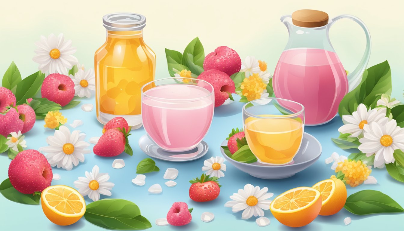 A glass of liquid natural sweetener next to a pile of granulated natural sweetener, both surrounded by fresh fruits and flowers