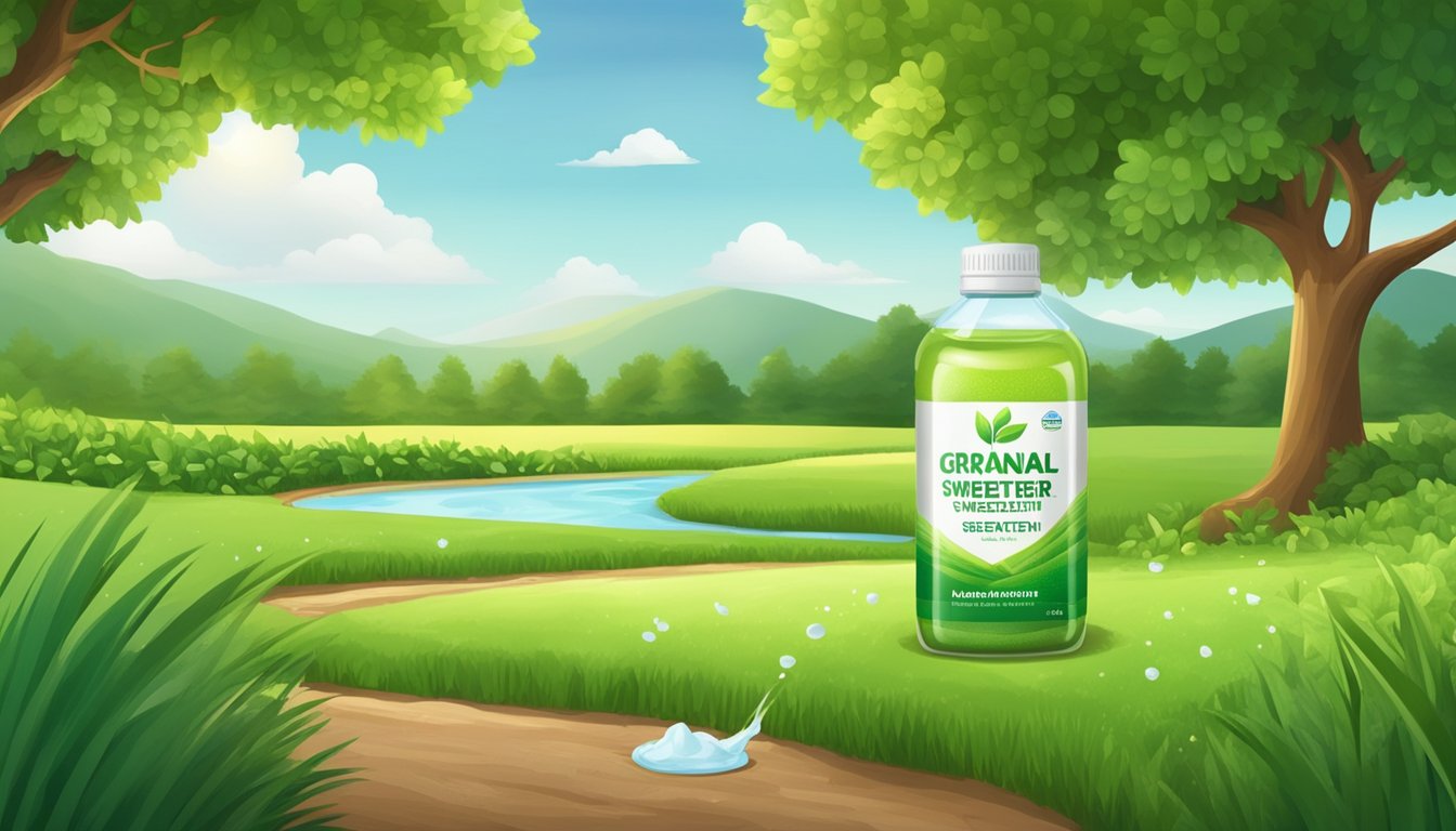 A lush green field with a clear stream running through it. On one side, a pile of granulated natural sweetener, and on the other, a bottle of liquid natural sweetener