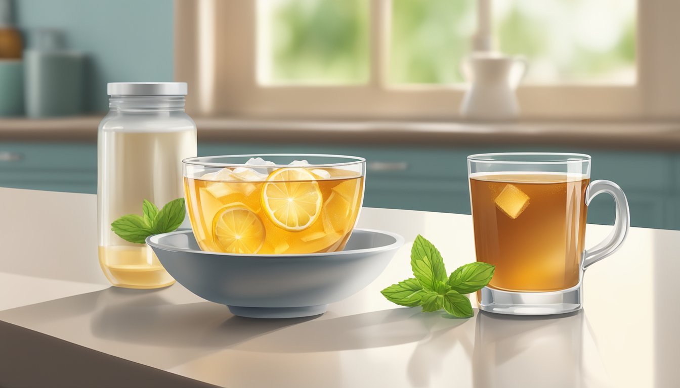 A glass of iced tea with liquid natural sweetener next to a bowl of granulated natural sweetener on a kitchen counter