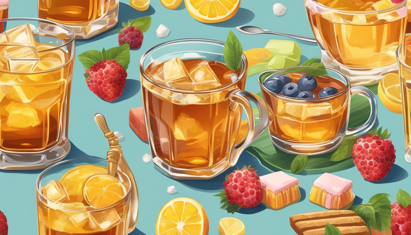 A glass of iced tea with a spoonful of granulated sugar next to a pitcher of liquid honey, surrounded by various fruits and pastries