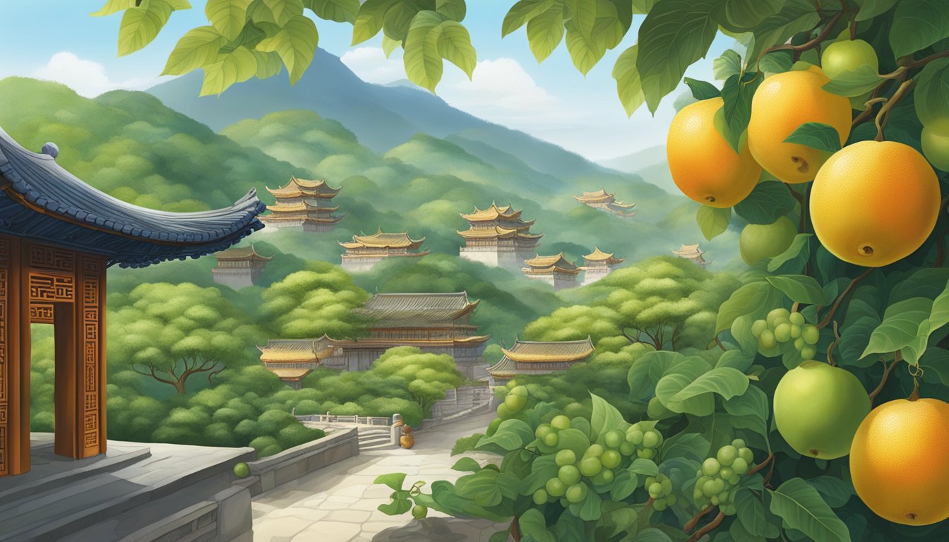 A lush mountainous landscape with a ripening lo han guo fruit hanging from a vine, surrounded by traditional Chinese architecture