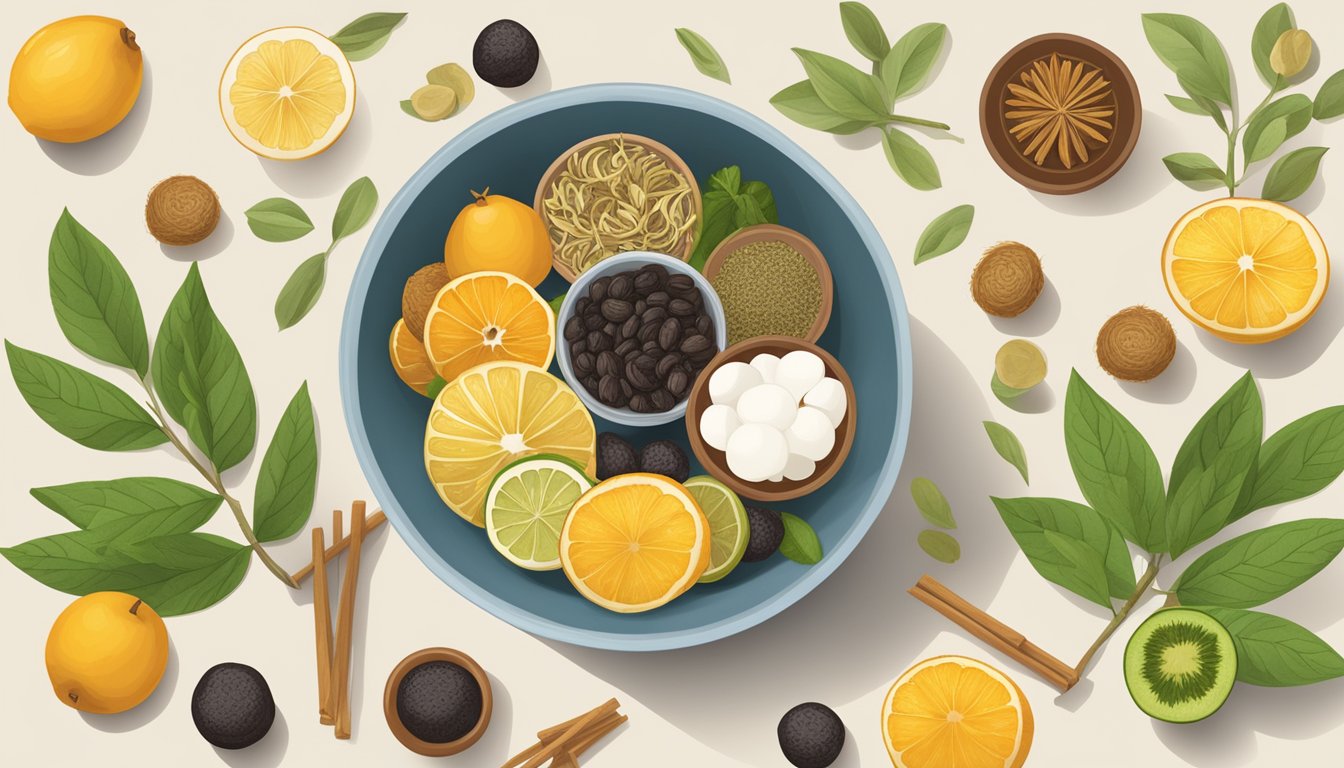 A bowl of dried lo han guo fruit surrounded by herbal tea ingredients