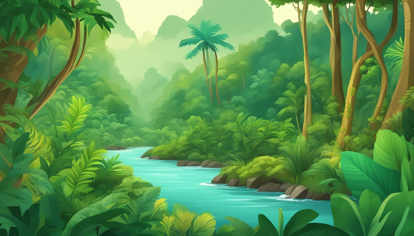 A lush tropical forest with a flowing river, diverse plant life, and wildlife, showcasing the concept of environmental sustainability