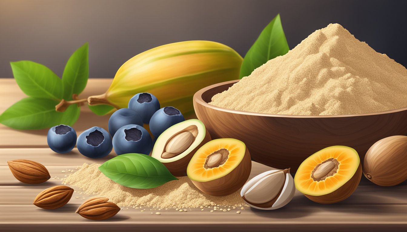 A pile of lucuma powder surrounded by fresh fruits and nuts on a wooden table