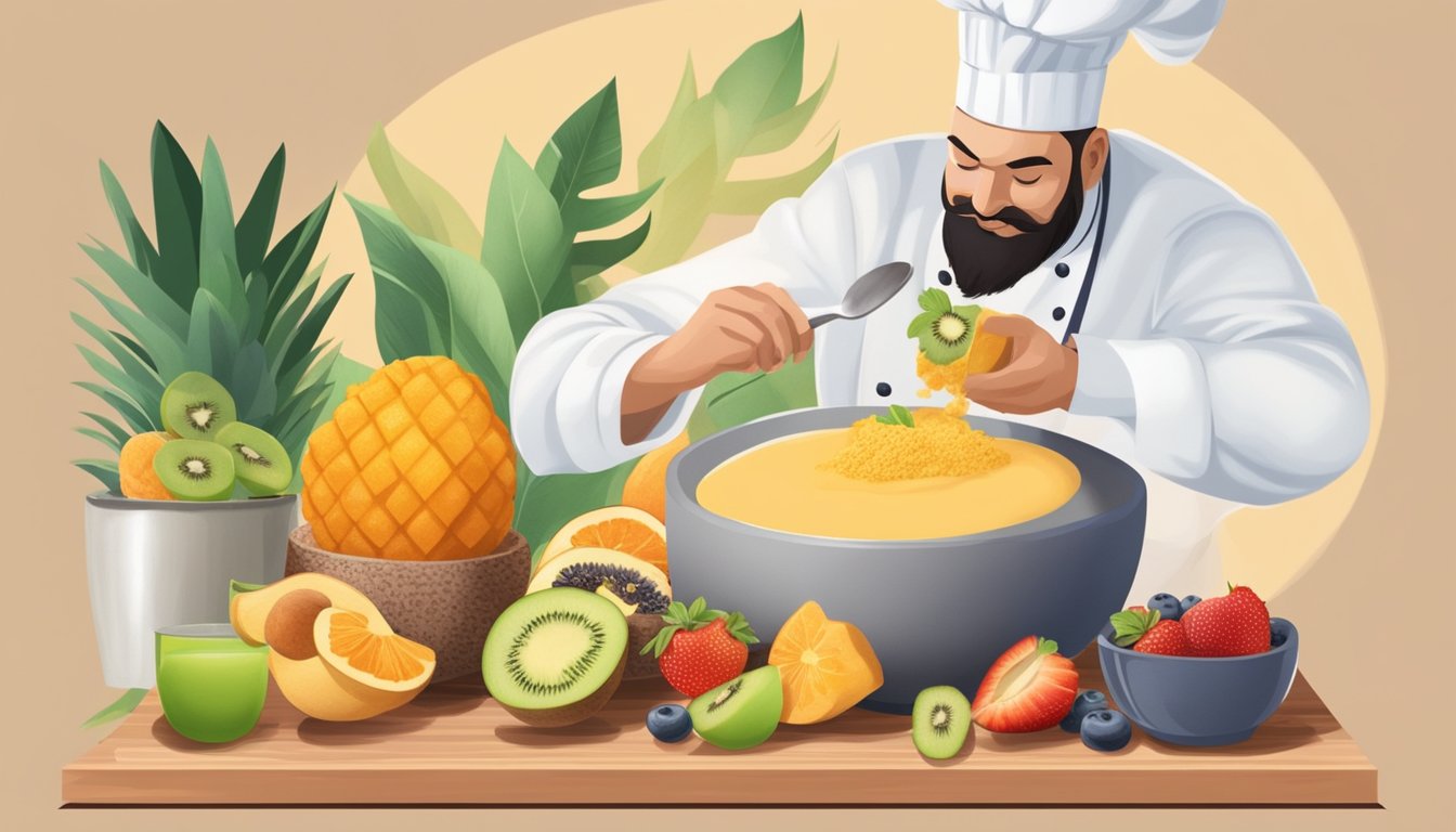 A chef sprinkles lucuma powder onto a bowl of smoothie, surrounded by fresh fruits and a wooden cutting board