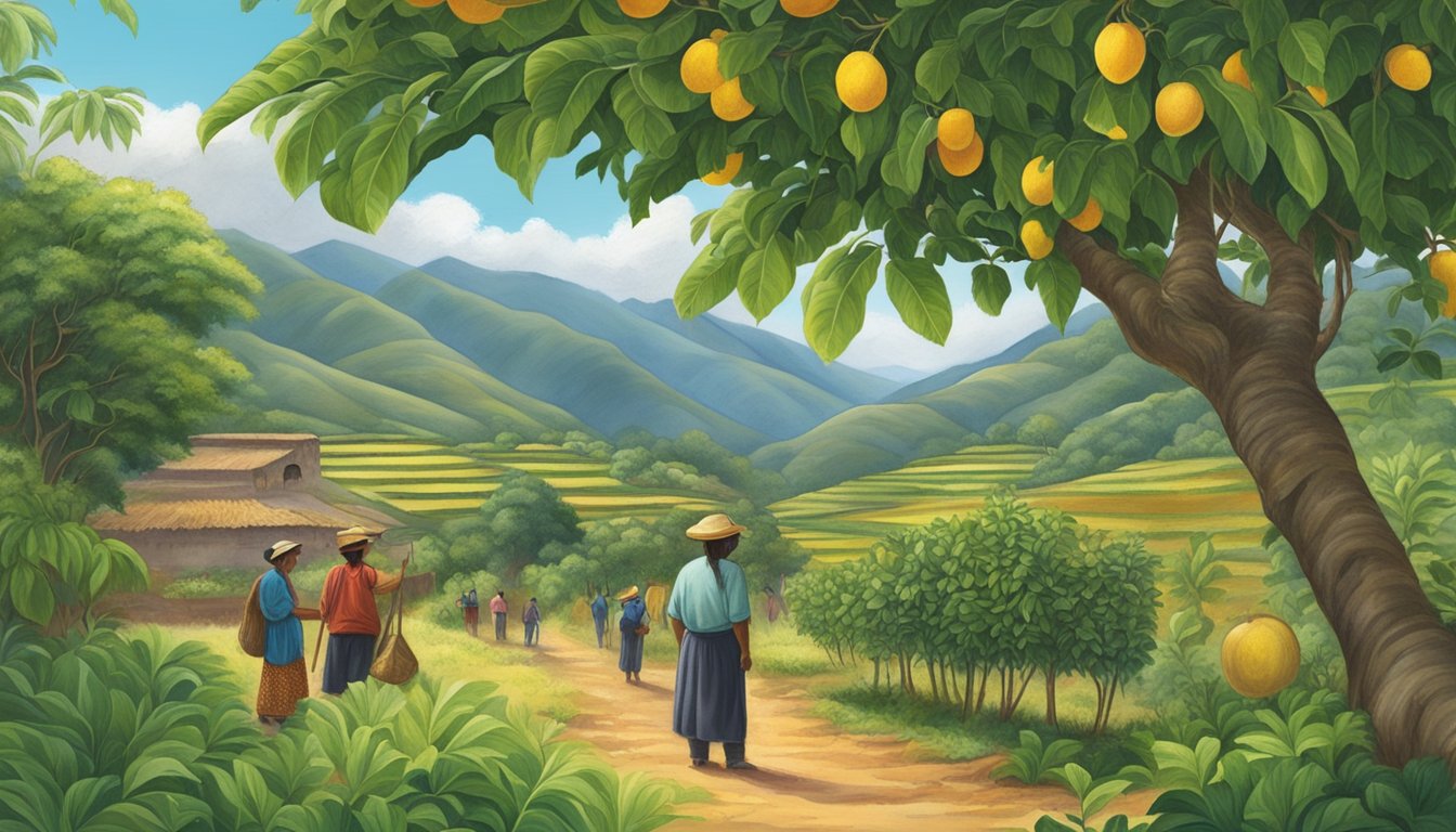 A lush, green Andean landscape with a lucuma fruit tree in the foreground and locals gathering the fruit