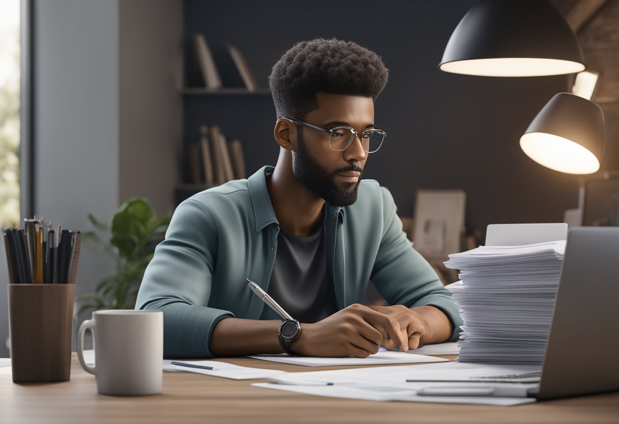 A person sitting at a desk with a pen and lease agreement, surrounded by papers and a laptop, looking thoughtful and focused