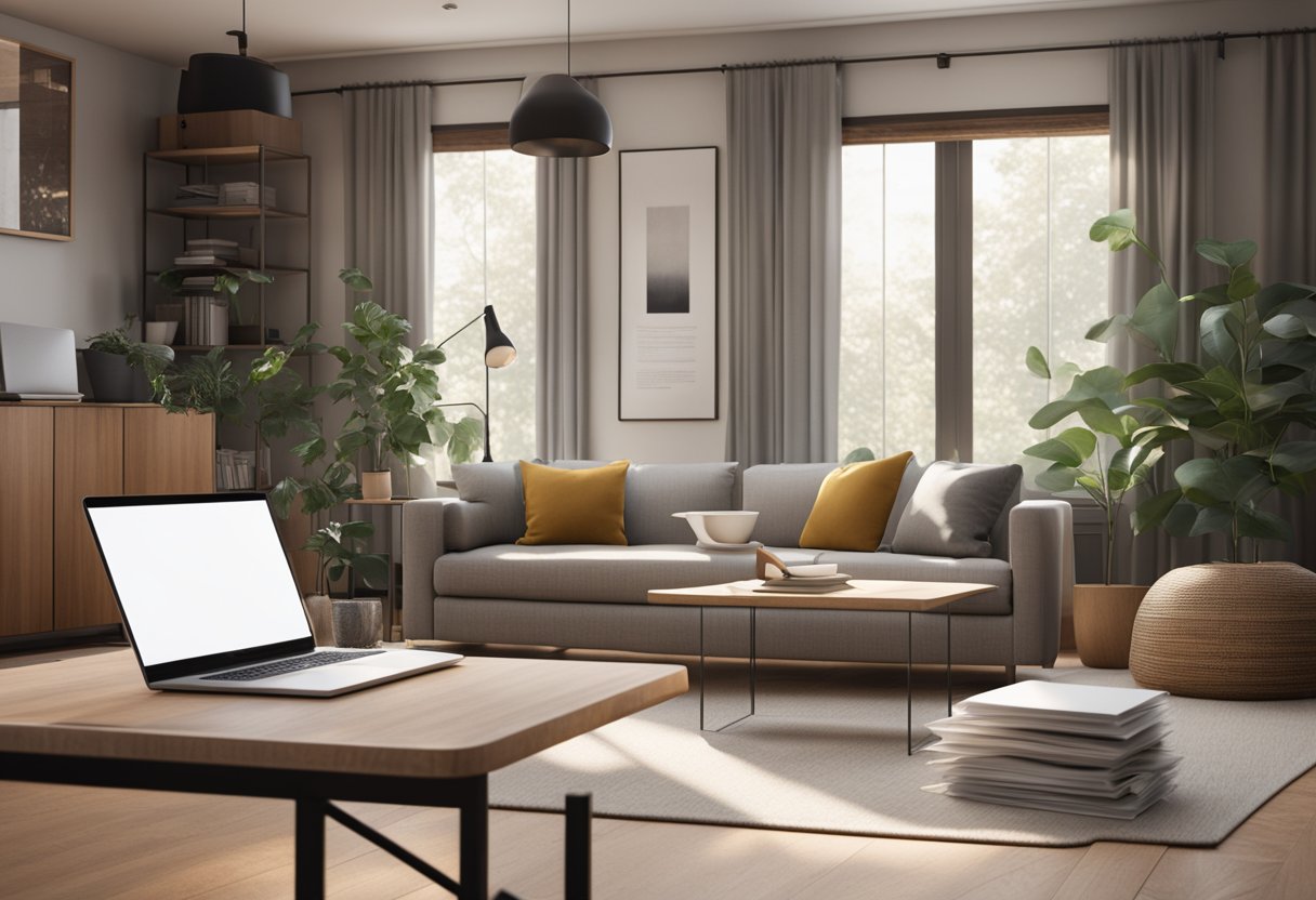 A cozy living room with a stack of papers on a coffee table, a pen, and a laptop open to a website about lease agreement tips