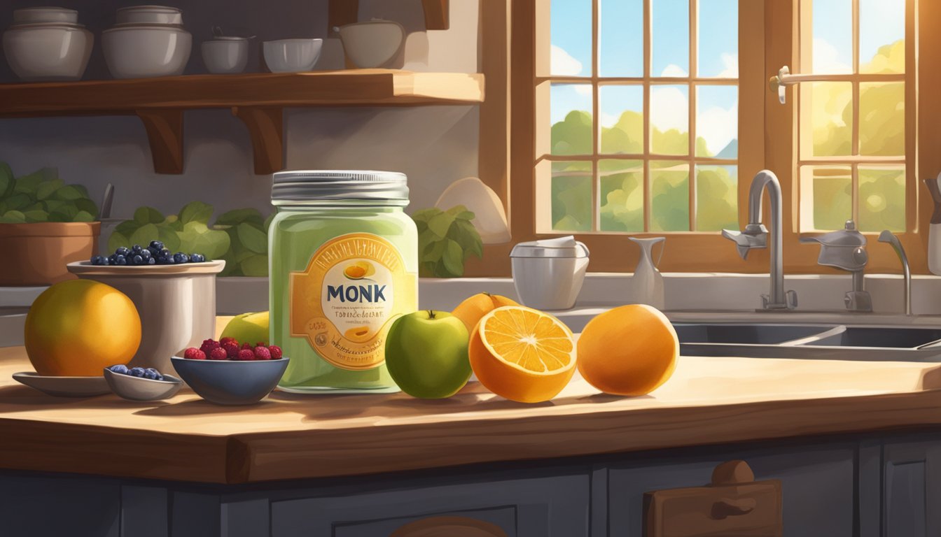 A jar of monk fruit sweetener sits on a rustic kitchen counter, surrounded by fresh fruit and baking ingredients. Sunlight streams in through a nearby window, casting a warm glow over the scene