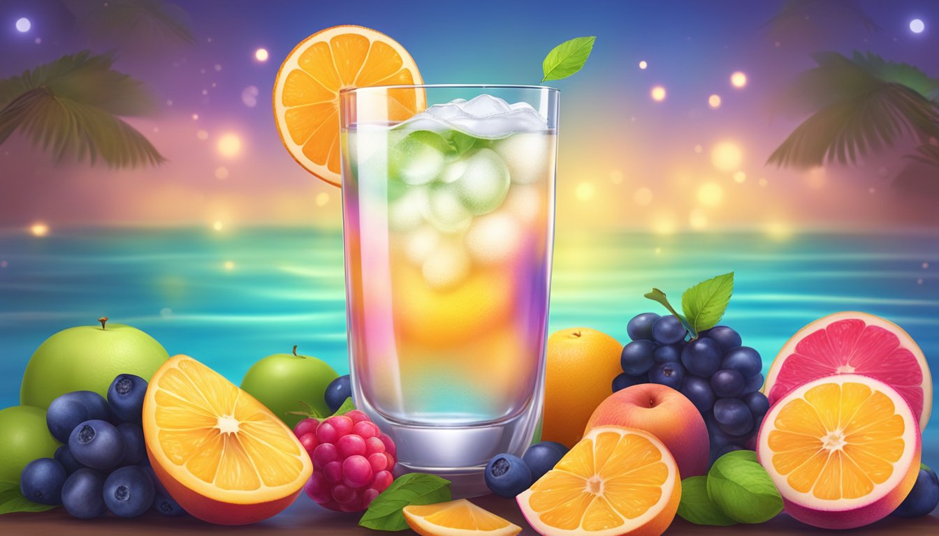 A glass of clear liquid with monk fruit floating in it, surrounded by fresh fruit and a glowing aura