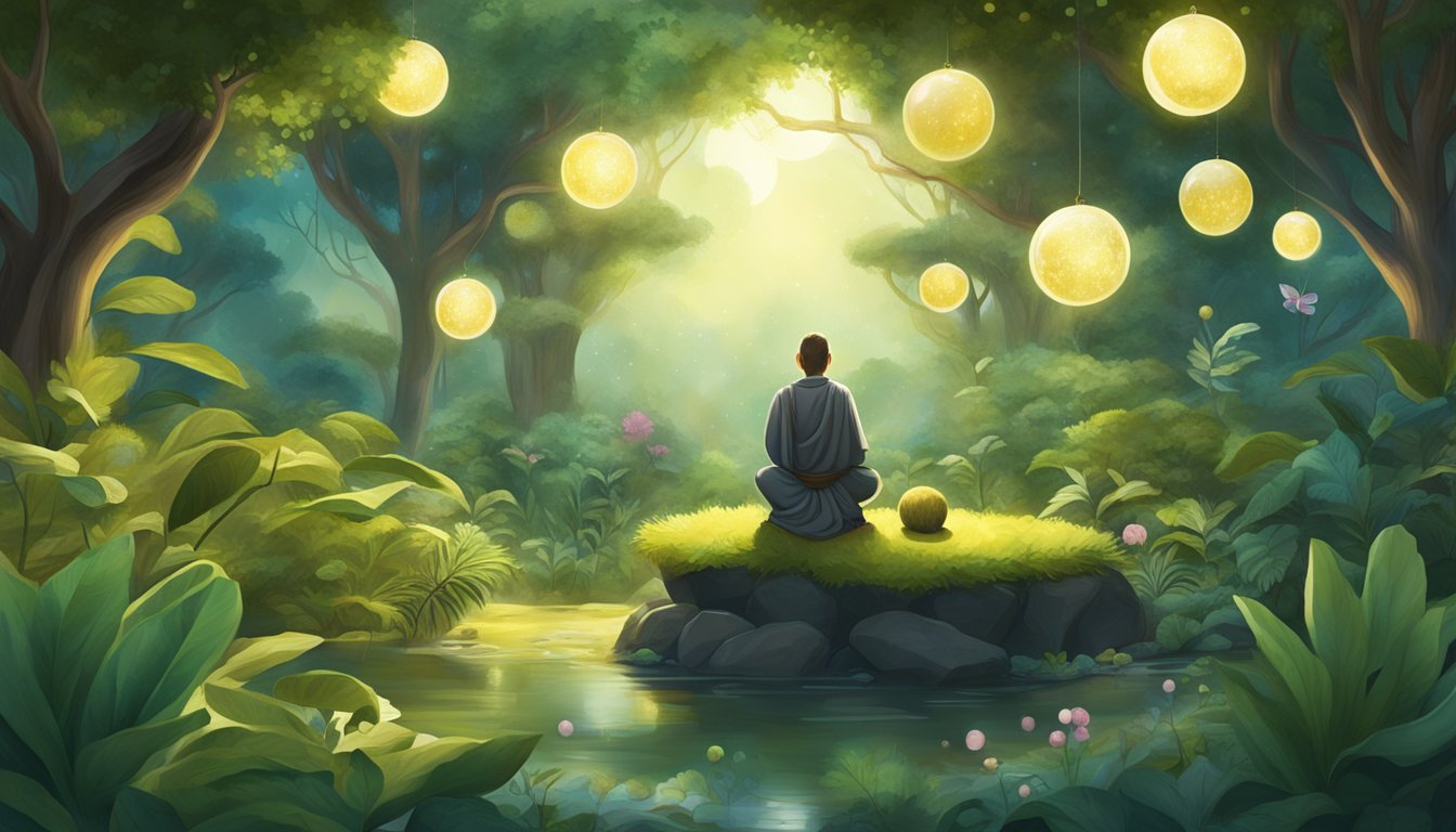 A serene garden with monk fruit plants surrounded by glowing orbs, attracting curious animals