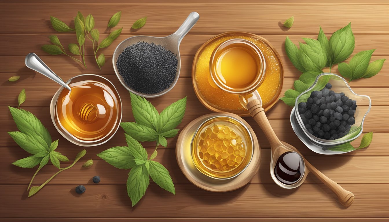 A colorful array of natural sweeteners, including honey, maple syrup, agave nectar, and stevia leaves, arranged on a wooden table