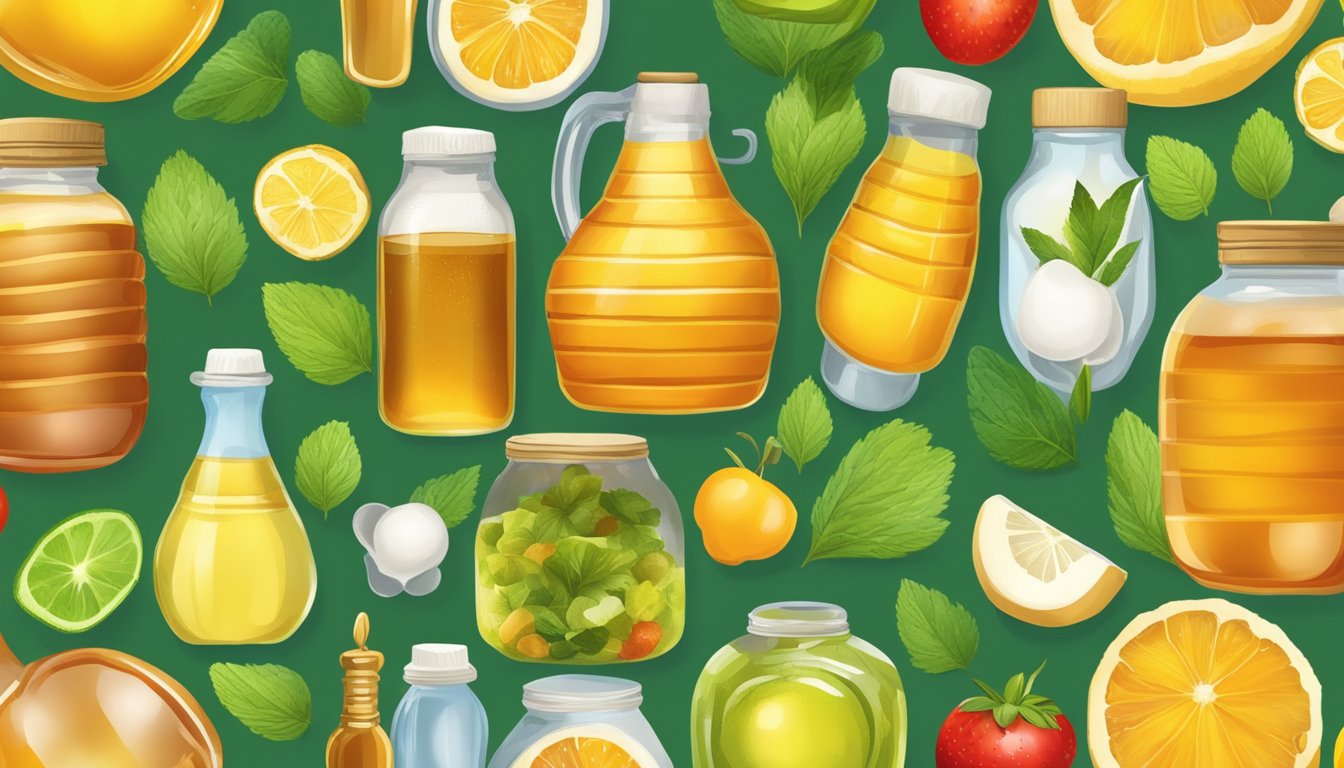 A colorful array of natural sweeteners like honey, maple syrup, and stevia, surrounded by vibrant fruits and vegetables, set against a backdrop of greenery