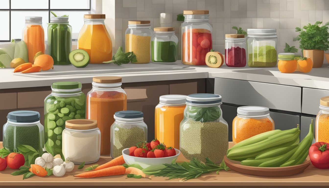 A colorful array of fruits, vegetables, and herbs fill a kitchen counter, with jars of natural sweeteners and anti-inflammatory spices nearby