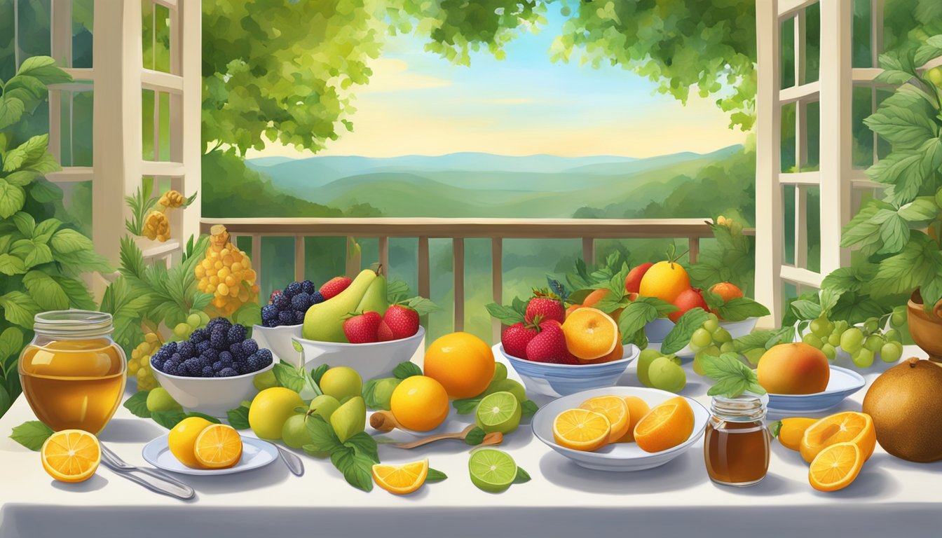 A table set with an assortment of fruits, honey, and herbs, surrounded by vibrant greenery and a serene, natural backdrop