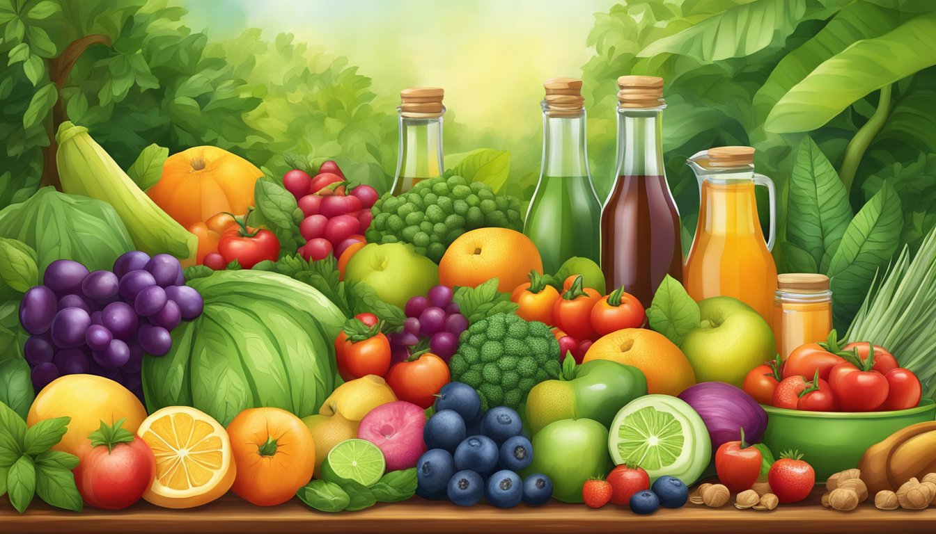 A colorful array of fresh fruits and vegetables, with honey and agave nectar, surrounded by herbs and spices, all set against a backdrop of lush greenery