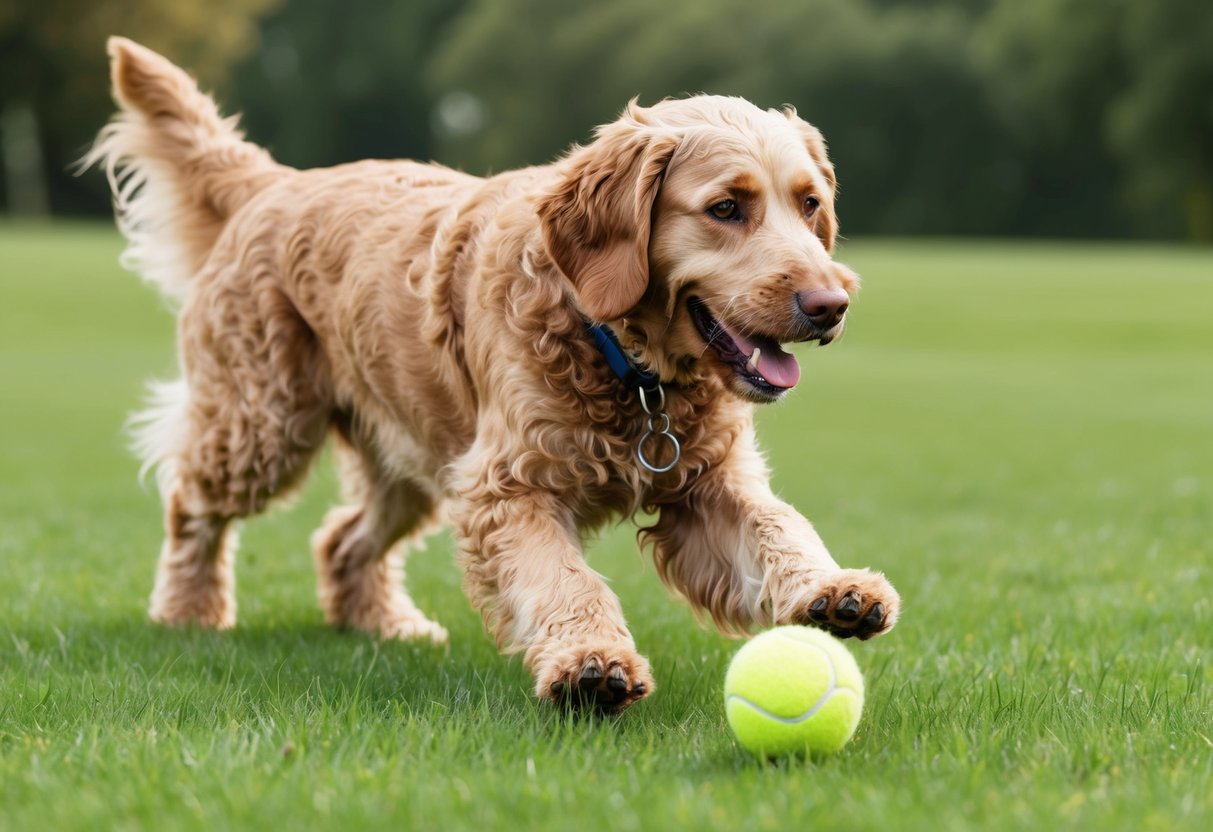 A Curly-Coated Retriever dog playing with a tennis ball in a grassy field