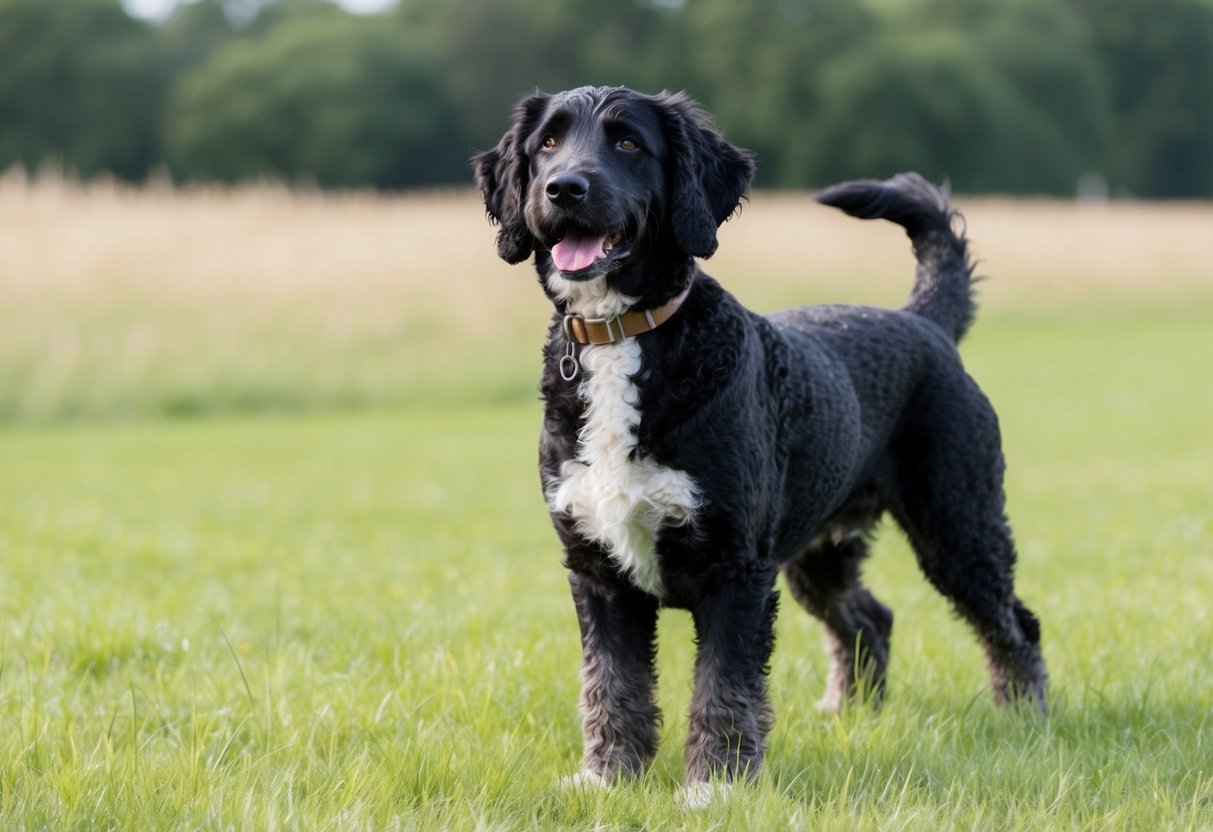 A curly-coated retriever dog standing in a grassy field, with a shiny black coat and a happy expression on its face