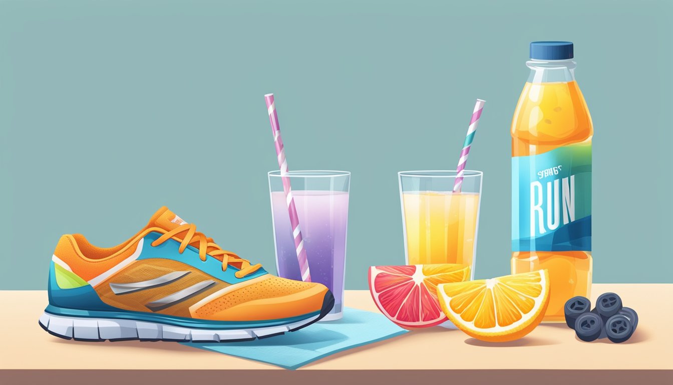 A glass of water with sliced fruits, a bowl of natural sweeteners, and a sports drink on a table next to a pair of running shoes