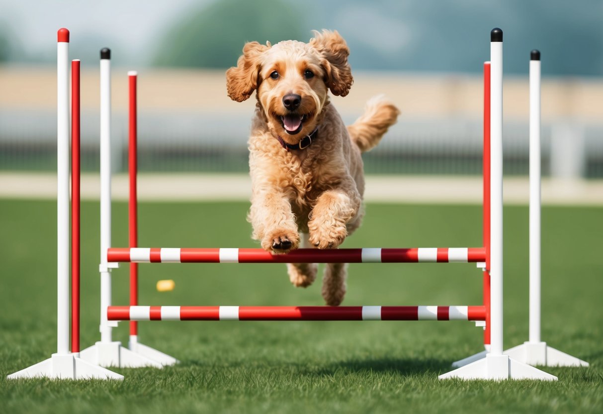 A curly-coated retriever dog running through an agility course, jumping over hurdles and weaving through poles with a focused expression