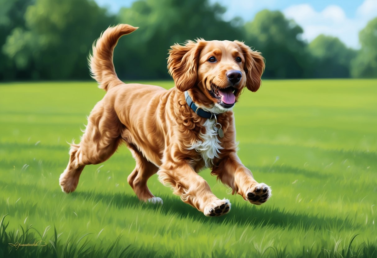 A curly-coated retriever playing in a lush green field, with a shiny coat and a happy, alert expression