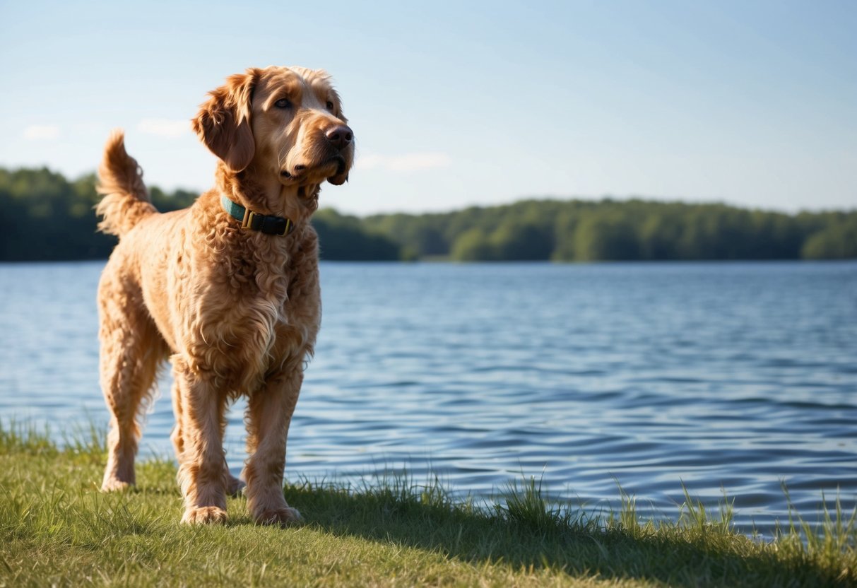 A curly-coated retriever stands proudly beside a calm lake, its distinctive curly coat glistening in the sunlight as it gazes out at the water