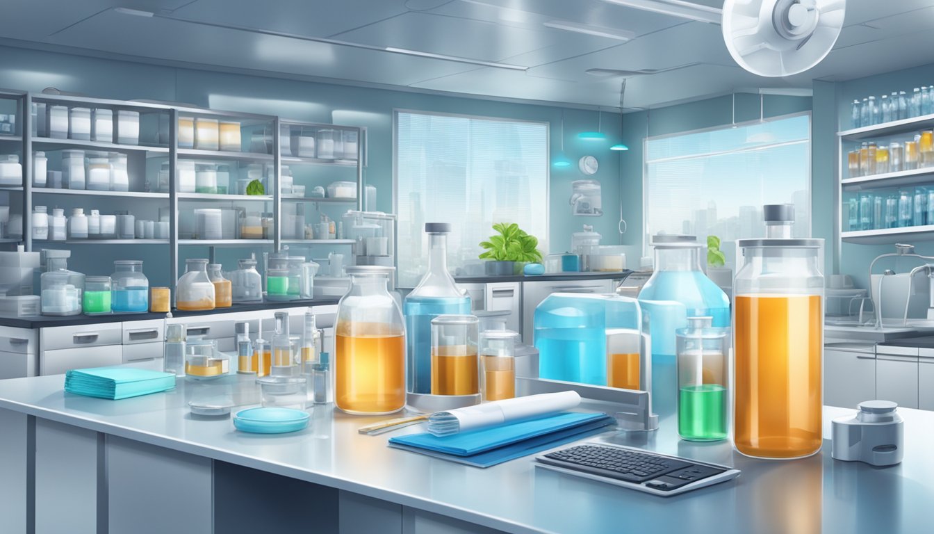 A laboratory setting with various natural sweeteners and athletic equipment, surrounded by futuristic technology and regulatory documents