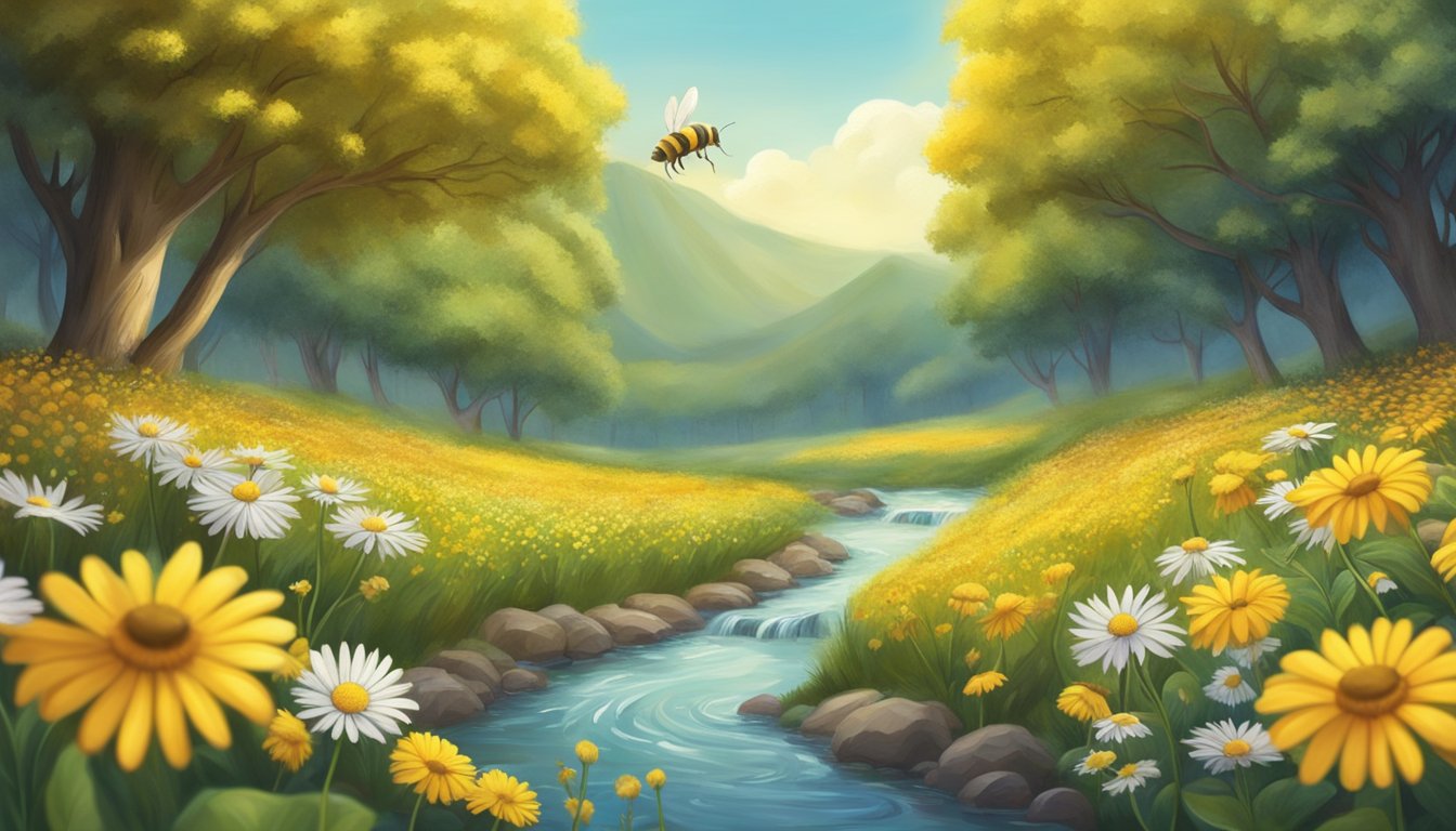 A bee hovering over a field of blooming flowers, with a stream of honey flowing from a beehive nearby