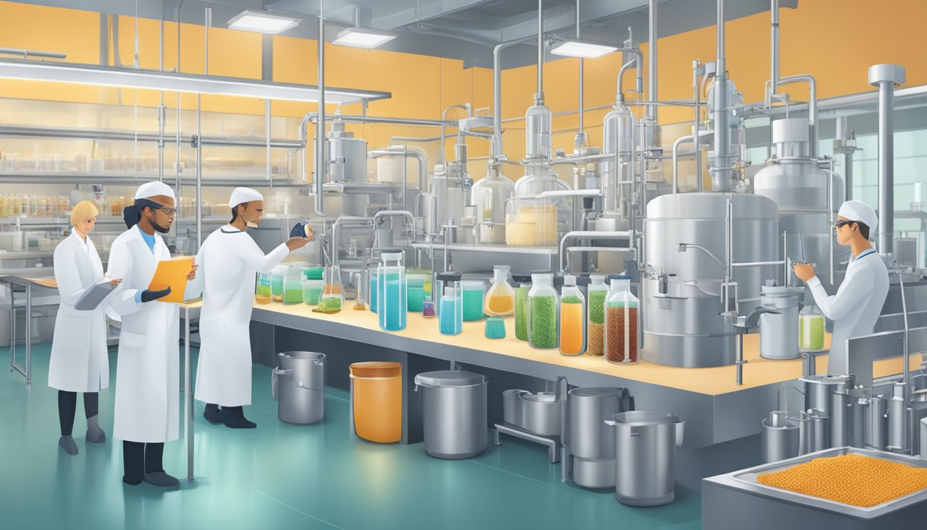 A bustling food industry lab with scientists and equipment, natural sweeteners and fermentation processes in action