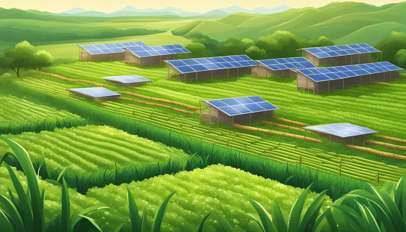 A lush green field with rows of sugar cane and beehives, surrounded by a bubbling fermentation tank and solar panels