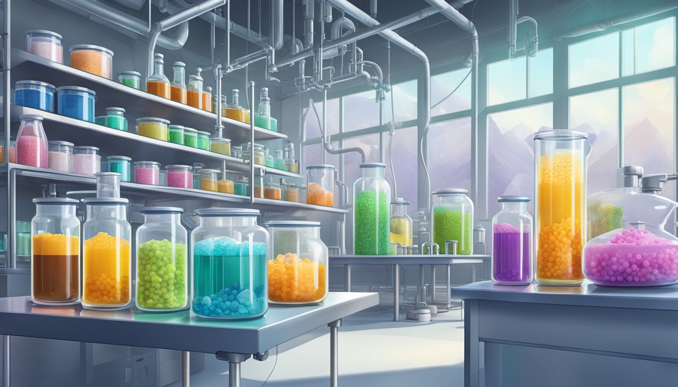 A laboratory filled with bubbling fermentation tanks, surrounded by colorful vials of natural sweeteners and futuristic equipment