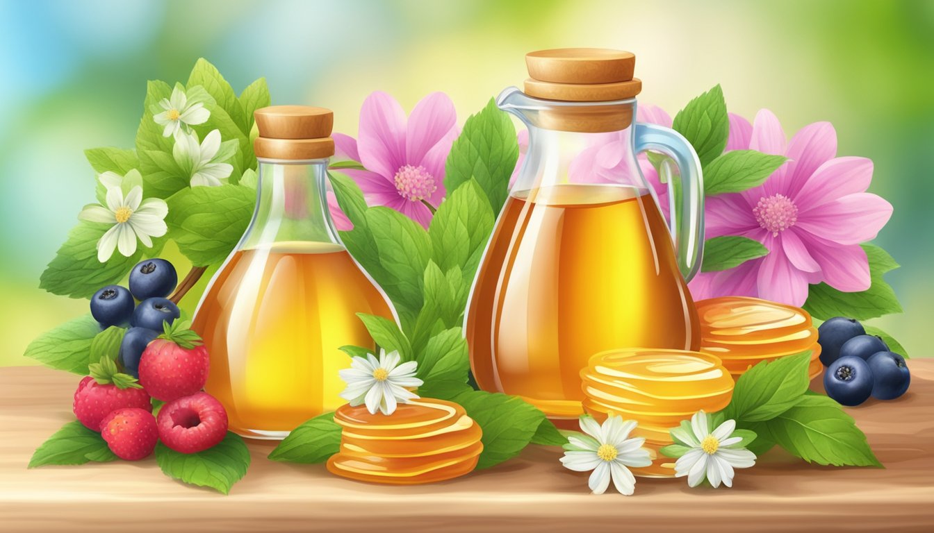 A variety of natural sweeteners (honey, maple syrup, stevia) surrounded by vibrant fruits and colorful flowers, emitting a glow of health and vitality