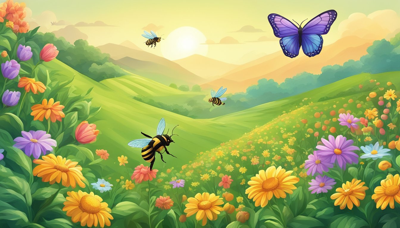 A lush green field with vibrant, colorful flowers and ripe fruits, surrounded by buzzing bees and fluttering butterflies. The air is filled with the sweet aroma of natural sweeteners, creating a picturesque scene of disease prevention through antioxidant-rich plants