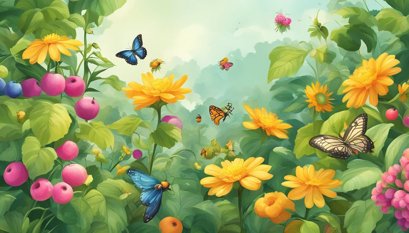 A lush garden with colorful fruits and flowers, surrounded by buzzing bees and fluttering butterflies